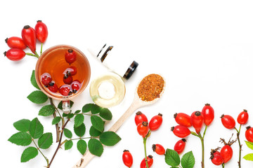 Dog rose, bunch branch Rosehips, types Rosa canina hips - Medicinal plants and herbs composition