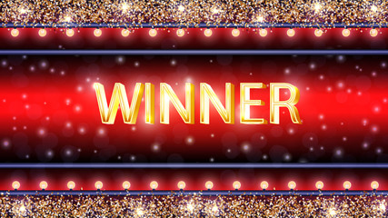 Winner banner with glowing garland and glowing sparkles on red Background with rectangular frame. Win congratulations vintage frame lottery game vector illustration