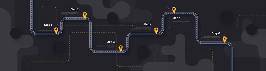 Road map and journey route infographics template. Winding road timeline illustration. Dark theme. Flat vector illustration. Eps 10 © zmicier kavabata