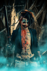 scary clown with a bat