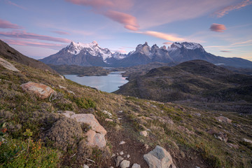 beautiful colorful view from mirador condor at lake pehoe and cuernos del paine in torres del paine...