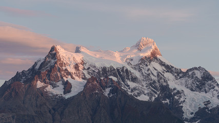 Beautiful light bathes Paine Grande Peak in Torres del Paine National Park Chile. Patagonia.