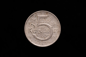 Czechoslovak Socialist Republic old 5 koruna coin from 1968, reverse. Isolated on black background