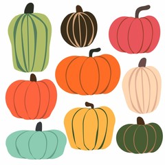 Set of hand drawn pumpkins. Autumn collection.. Flat style elements isolated on white for banner, web, cards