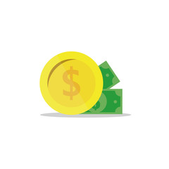 Dollar coin and paper money illustration for business and shadow
