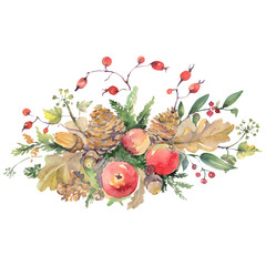 Autumn bouqut with leaves. Watercolor background illustration set. Isolated bouquets illustration element.