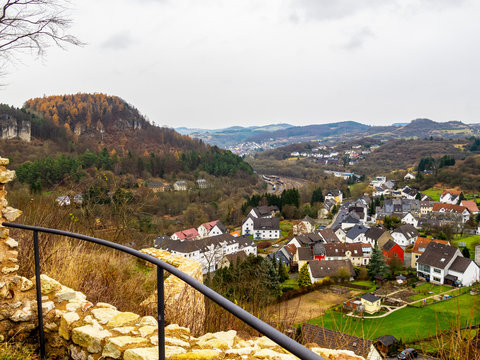 Gerolstein elevated view from the ruins of Gerolstein Castle, Gerhardstein Castle or Loewenburg, at Gerolstein, Rhineland-Palatinate, Germany in November