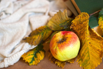 Naklejka na ściany i meble Apple with autumn leaves on the book