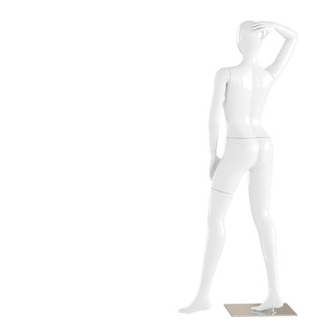 A white female mannequin stands on an iron mount on an isolated white background. 3D rendering