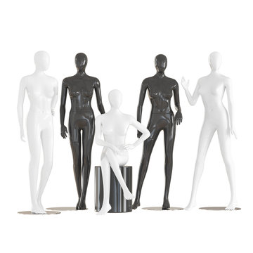 Five faceless female mannequins sit and stand on an isolated white background. 3D rendering