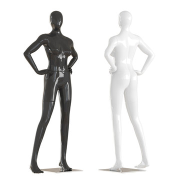 Two female mannequins stand putting hands on a belt on an isolated white background. 3D rendering