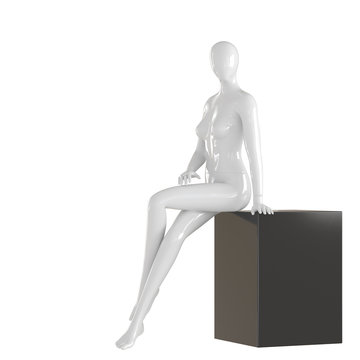A white female mannequin sits on a black box on an isolated white background. 3D rendering