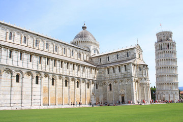 The amazing Piazza dei miracoli in Pisa with the Basilica and the leaning tower, Tuscany, Italy