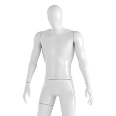 Close-up view of a white male mannequin of athletic build on an isolated white background. 3D rendering