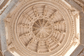 Ceiling decoration at ancient Adinath Jain temple in Ranakpur near Udaipur, Rajasthan, India