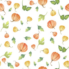 Pattern with orange pumpkin and green leaves. Watercolor illustration. Template for printing and design