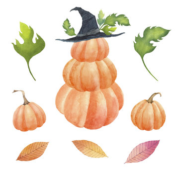 A magical male pumpkin character in a black helluin hat. Watercolor illustration hand-painted.