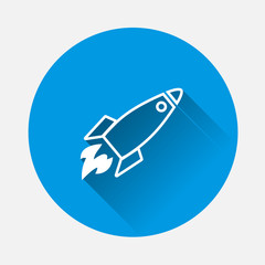 Vector icon flying rocket. Rocket Icon on blue background. Flat image with long shadow. Layers grouped for easy editing illustration. For your design.