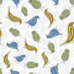 Vector Blue Green Yellow Birds on White Background Seamless Repeat Pattern