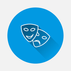 Vector Image Theatrical face mask. Drama and comedy, laughter and crying on blue background. Flat image with long shadow.