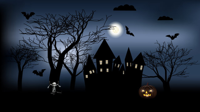 Halloween background, template for your creativity with night landscape with full moon, zombies,   bats and pumpkin. Vector template for your art