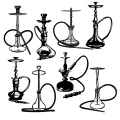 Vector hand drawn big set of hookahs isolated on white background.