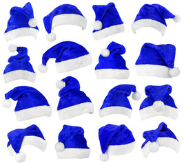 Set of blue Christmas Santa Claus hat isolated on white background