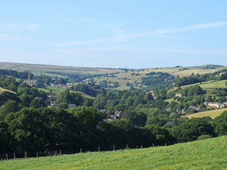 Fototapeta na wymiar a scenic view of the calder valley with the village of luddenden between trees and surrounding hillside fields