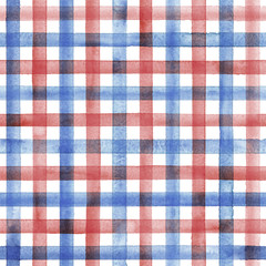Watercolor stripe plaid seamless pattern. Blue and red stripes on white background