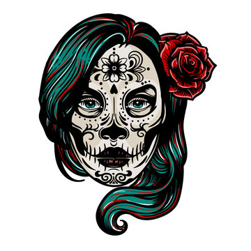 Dia De Los Muertos vintage vector colorful print with woman head with Day of Dead makeup and rose in her hair isolated on white.