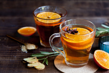 Hot black tea with ginger, close-up