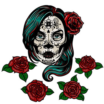 Dia De Los Muertos vintage vector colorful print with woman head with Day of Dead makeup and rose in her hair and roses isolated on white.