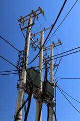 Busy electrical and telephone poles and cables, Naxos, Greek Islands