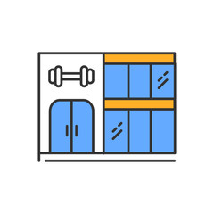 Gym building color icon. Two-storey construction with double door and panoramic windows. City sport club facade with dumbbell emblem. Modern gymnasium. Isolated vector illustration