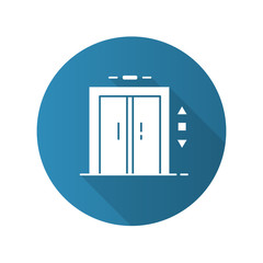 Elevator lift entrance blue flat design long shadow glyph icon. Quick floor transportation. Convenient service, technical device, multi-storey building, hotel amenity. Vector silhouette illustration