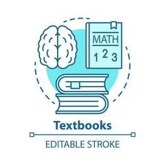 Textbooks concept icon. Educational literature idea thin line illustration. School and university subjects classbooks. Study & learning books. Vector isolated outline drawing. Editable stroke