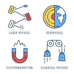 Physics branches color icons set. Laser and classical physics, electromagnetism and geophysics. Physical processes and phenomenons. Scientific experiment and researches. Isolated vector illustrations
