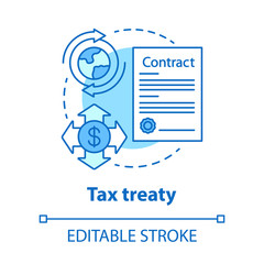 Tax treaty blue concept icon. International agreement idea thin line illustration. Fiscal evasion. Bilateral contract. Currency transaction. Vector isolated outline drawing. Editable stroke