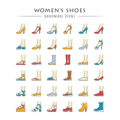 Women shoes color icons set. Female fashion, summer and autumn trendy footwear. Stiletto high heels, sandals, pumps. Winter and fall season ankle and calf boots. Isolated vector illustrations