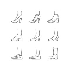 Women modern shoes linear icons set. Female summer and autumn elegant footwear. Stiletto high heels, sandals, pumps. Thin line contour symbols. Editable stroke. Isolated vector outline illustrations