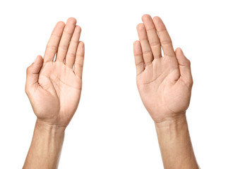 Male hands with open palms on white background