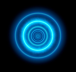 Neon blue circle background. Virtual reality. Abstract light