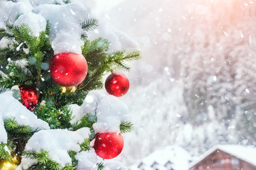 Close-up christmas tree with colorful decoration ball , snowflakes and snow on spruce branches...