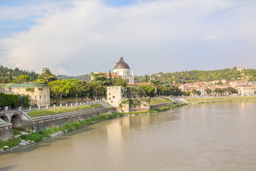 Beautiful view of the Church of San Giorgio on the Adige River in Verona, Italy