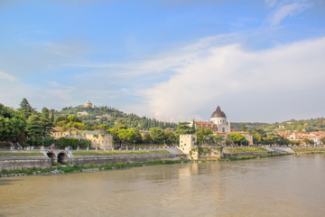 Beautiful view of the Church of San Giorgio on the Adige River in Verona, Italy