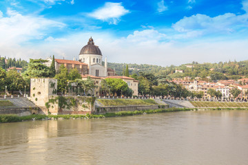 Beautiful view of the Church of San Giorgio on the Adige River in Verona, Italy