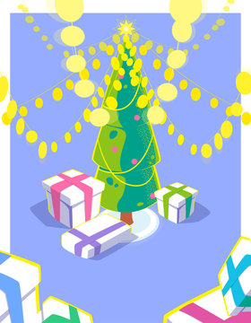 Christmas card with 3d effect. Bright garland and gift boxes under the Christmas tree. Holiday season illustration with lots of lights. Colorful Winter season design. Vector flat concept.