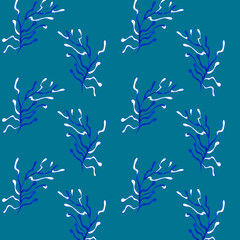 Hand drawn seamless pattern. Trendy pattern with corals and algae on a white background for printing, fabric, textile, manufacturing, wallpapers. Sea bottom.