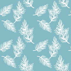 Hand drawn  watercolor illustration of seamless pattern pine branch isolated on blue green background. Holiday design for textile, wrapping, wallpaper, banner, invitations.