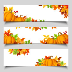 Naklejka na ściany i meble Set of three vector web banners with orange pumpkins and colorful autumn leaves.